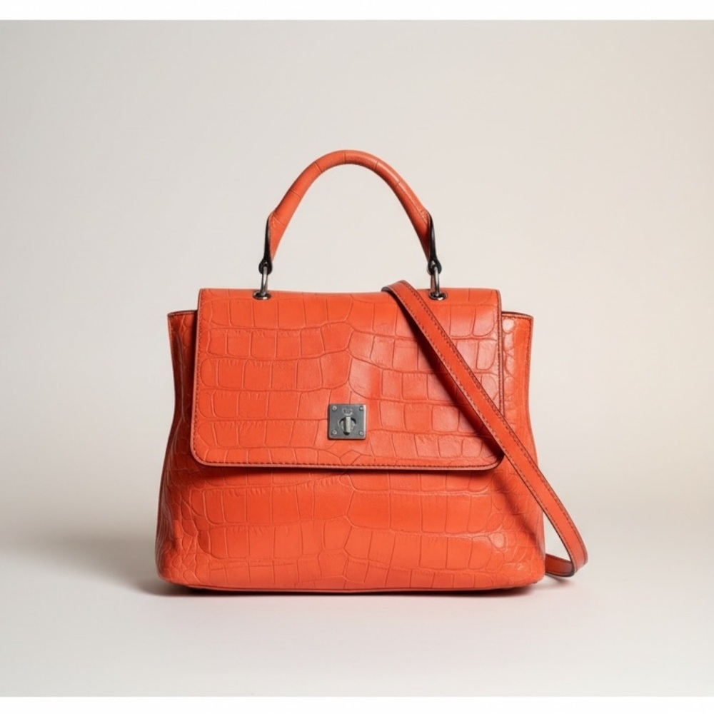 MCM Mode Travia Croc Embossed Leather Satchel Coral Orange Crossbody - Picture 4 of 17
